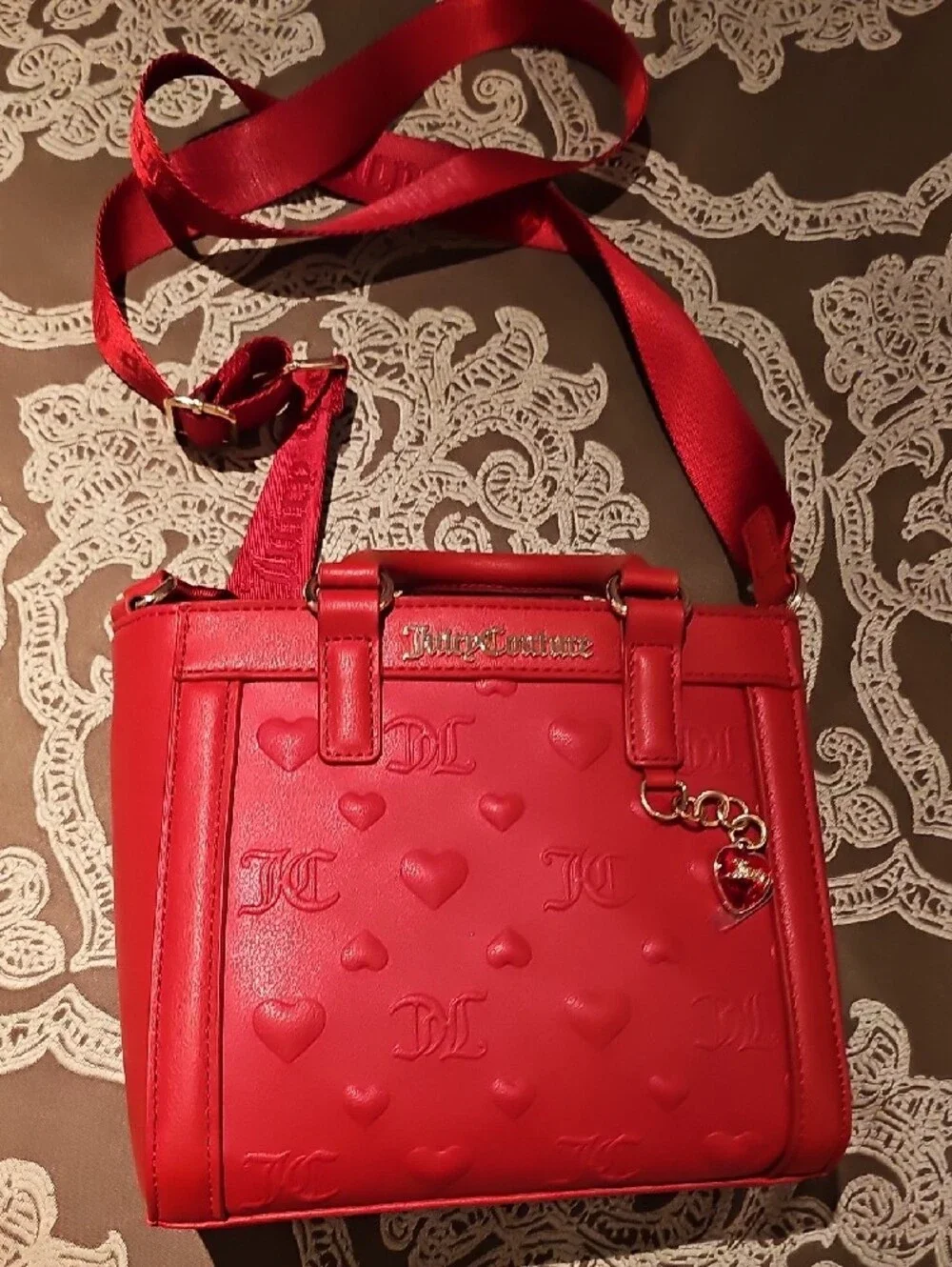 Juicy Couture Red Embossed Heart Satchel with Gold Charm